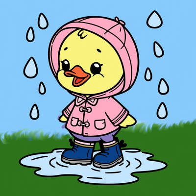 baby duck in a rain coat and boots, in a puddle while it’s raining