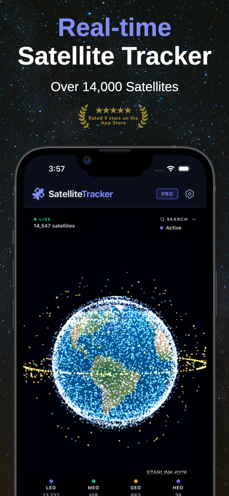 Satellite Tracker° - Interfaz de la aplicación Satellite Tracker que muestra un globo 3D con más de 14.000 satélites rastreados en tiempo real.