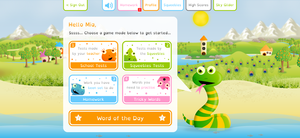Squeebles Spelling Connect - Squeebles Spelling Connect app dashboard showing spelling game modes and a friendly snake character.