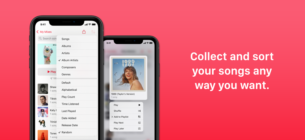 Miximum: Smart Playlist Maker - Miximum app interface showing music library sorting and collection options on two iPhones