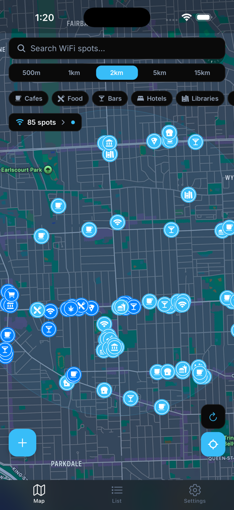 Interactive map of WiFi Finder showing nearby hotspots with category icons and distance filters