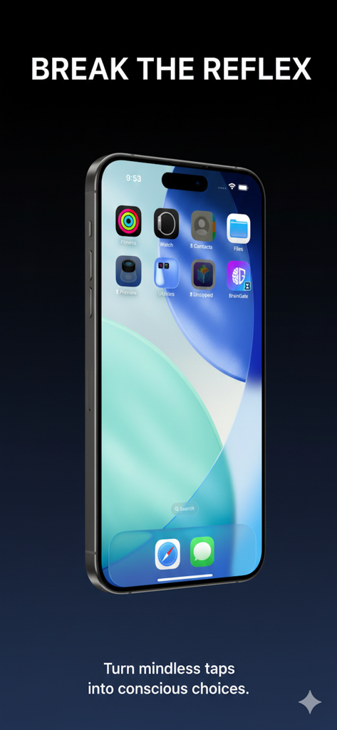 BrainGate: Focus Math Blocker - Pantalla del iPhone que muestra el icono de la aplicación BrainGate con el titular 'rompe el reflejo'