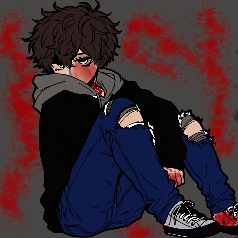 a male hoddie ripped jeans messy hair anime
