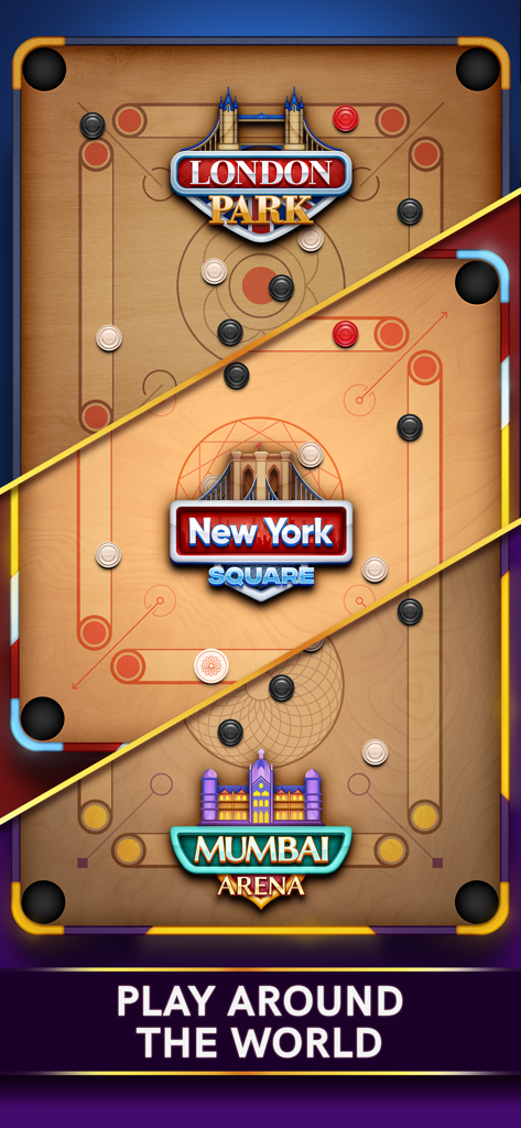 Tabuleiro de jogo Carrom Pool mostrando os níveis London Park New York Square e Mumbai Arena