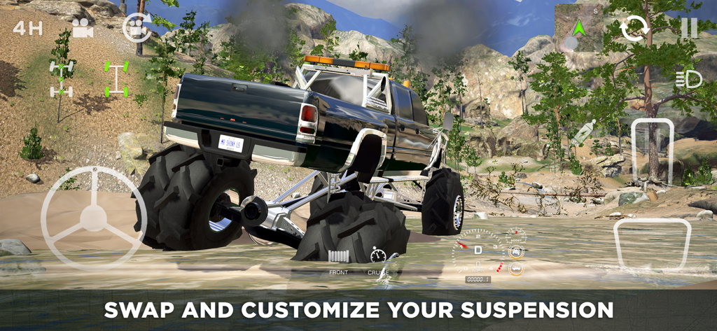 Un monster truck negro personalizado con suspensión elevada cruzando un arroyo en un paisaje de montaña rocosa.