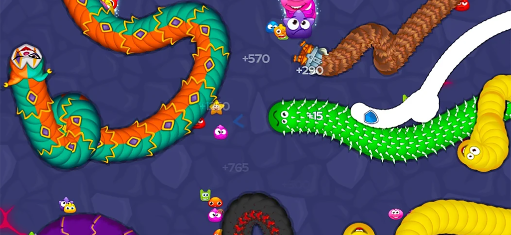 Colorful worms with unique skins competing in a battle royale snake arena.