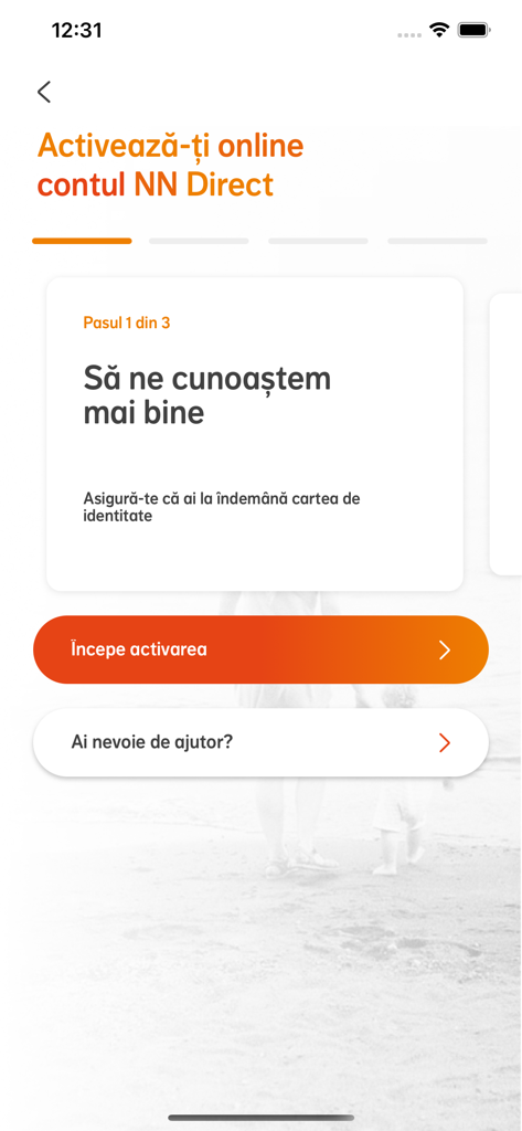 NN Direct app account activation screen showing the first step of the online registration process requiring an ID card