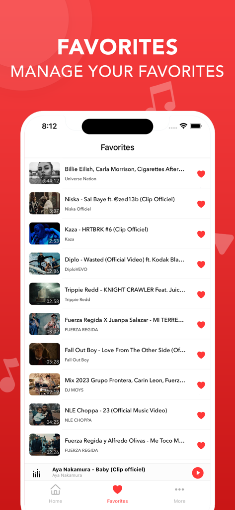 Captura de pantalla de la pantalla de Favoritos en la aplicación MYT mostrando una lista curada de vídeos musicales y canciones