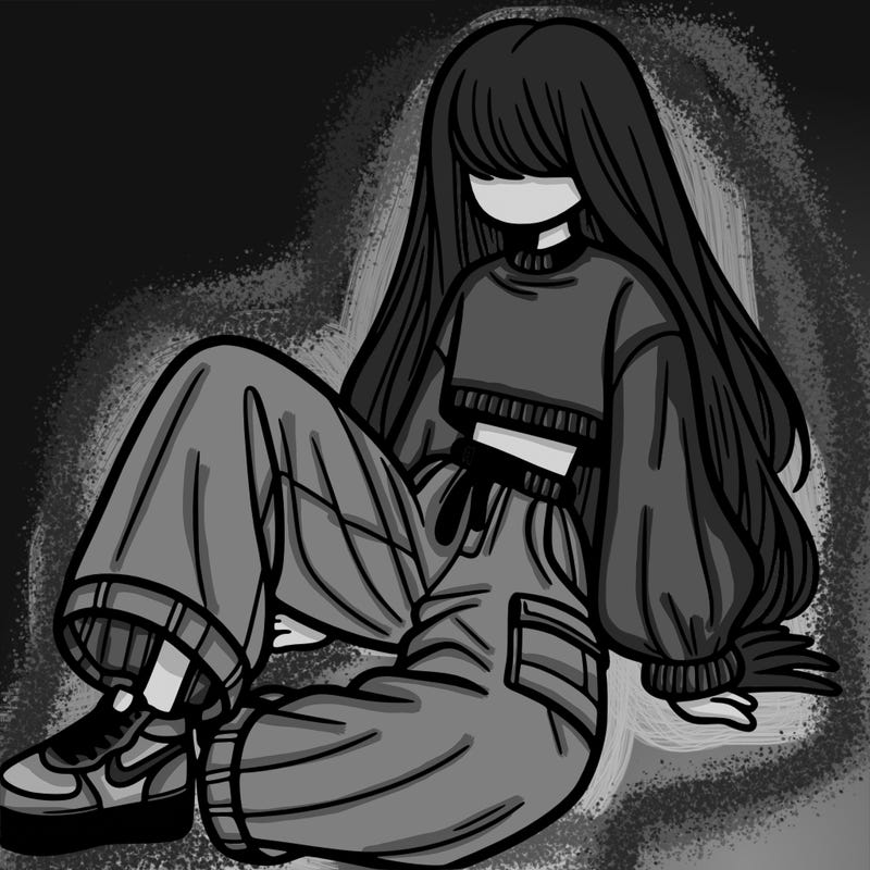 a girl with baggy pants and a crop top with long hair