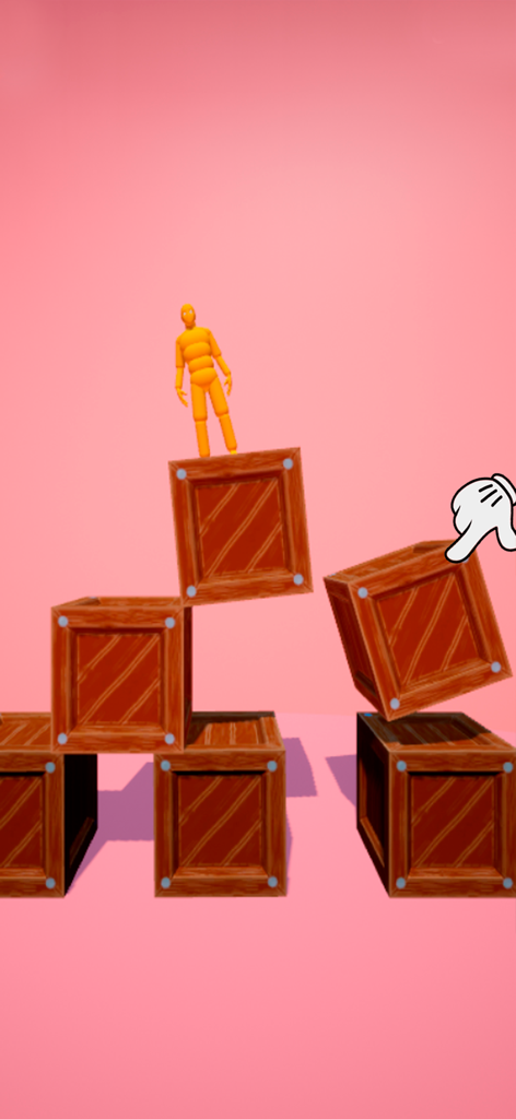 Break Ragdoll Bones 3D - A 3D orange ragdoll figure standing on wooden crates in a physics based puzzle level