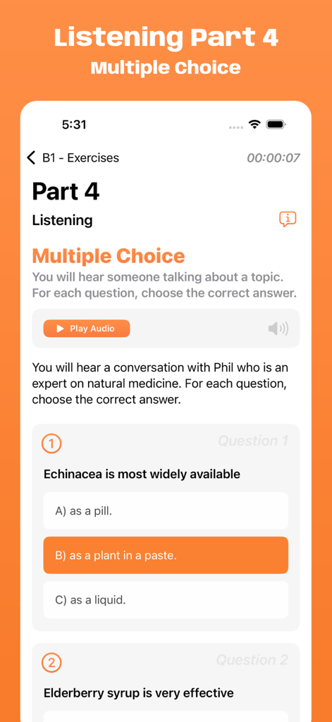 Schermata di pratica di ascolto Parte 4 dell'app Simulatore Esame Cambridge B1