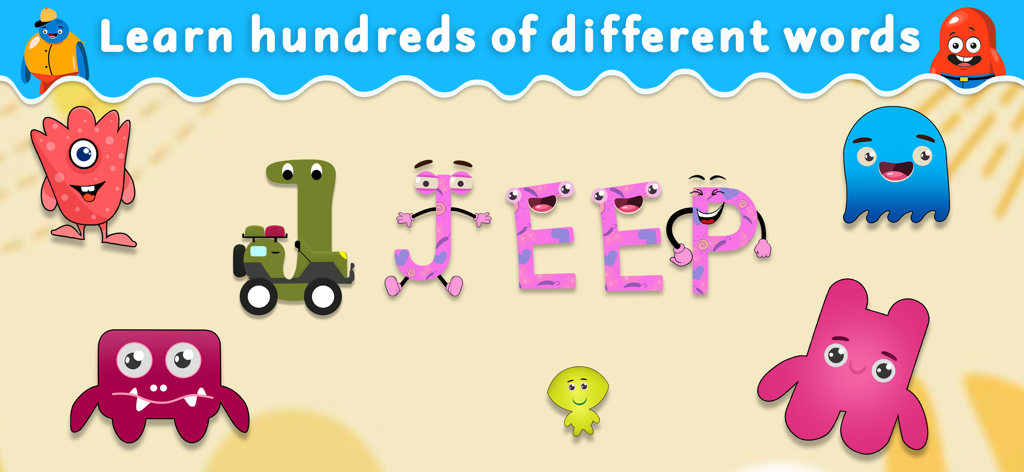 Endless Alphabet ABC App Kids - Endless Alphabet ABC App Kids screenshot showing the word JEEP spelled with animated letters and colorful monster characters