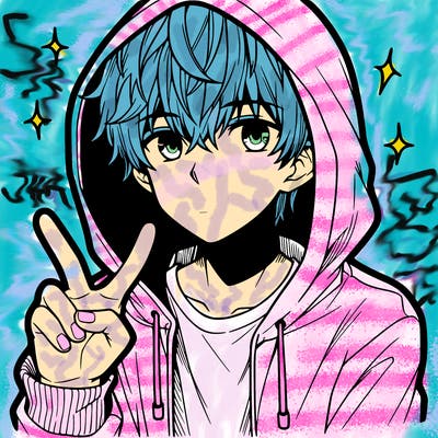 teenage manga boy in a hoodie, doing ✌
