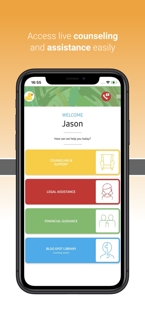 Reality Wellness Group - Interfaz de la aplicación móvil Reality Wellness Group que muestra opciones de consejería, asistencia legal y orientación financiera