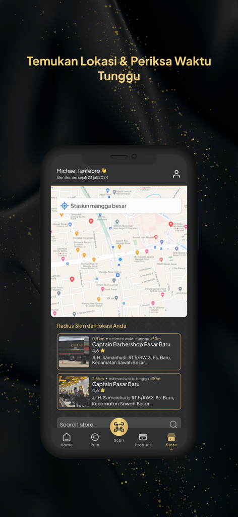 Captain Membership - Captain Membership app interface showing a map and list of barbershop locations with estimated wait times.