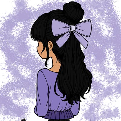 realistic girl  with hip length hair a bun and a big bow on the back of head