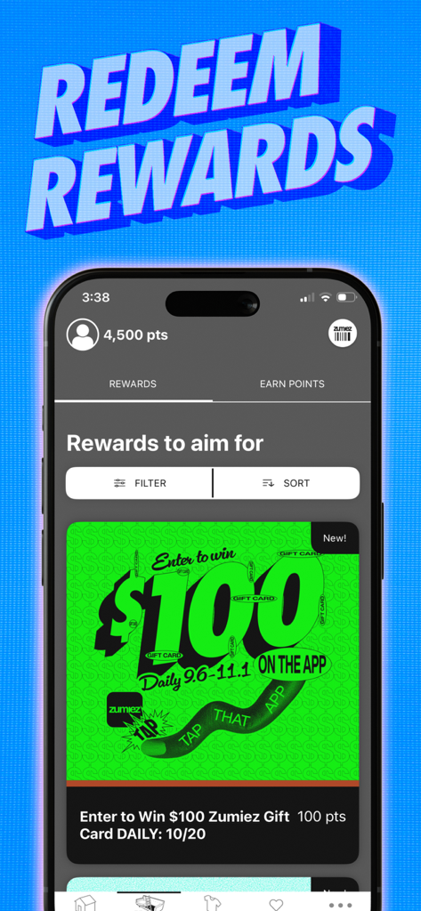 Zumiez - Zumiez app interface showing rewards for stash points such as a one hundred dollar gift card entry