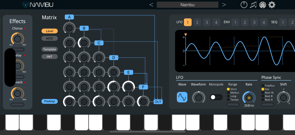 Nambu AUv3 synthesizer interface showing the modulation matrix and LFO waveform visualization
