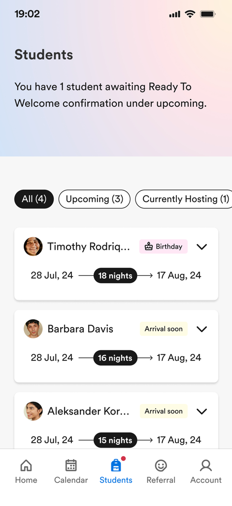 A list of upcoming international students with arrival dates and stay durations in the EF Homestay app for host families.