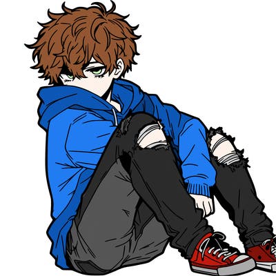 a male hoddie ripped jeans messy hair anime