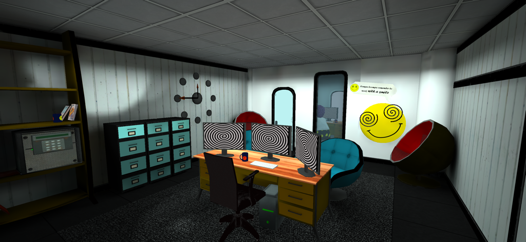 Smiling-X: Horror Game - An eerie office room with hypnotic computer monitors and a creepy smiley face in Smiling-X Horror Game.