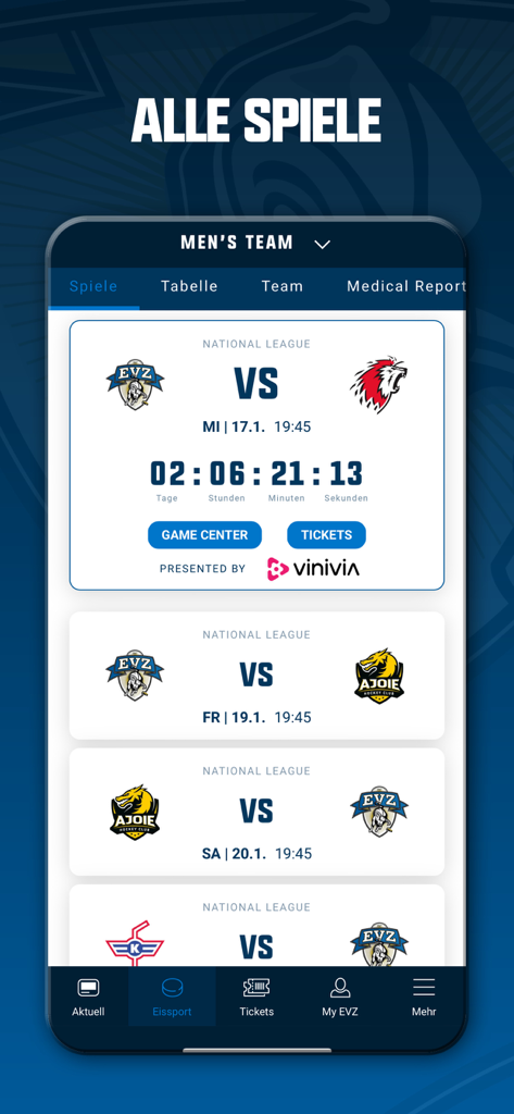 EVZ - Official EVZ ice hockey app displaying upcoming match schedules and a countdown timer for the next National League game.