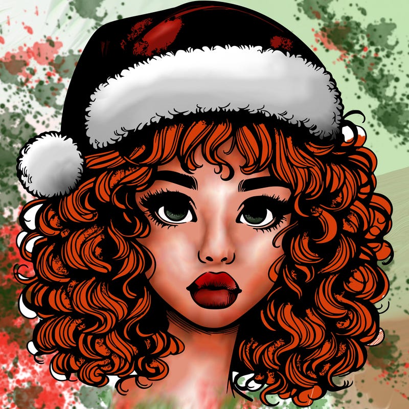realistic girl with a santa hat curly hair and lips
