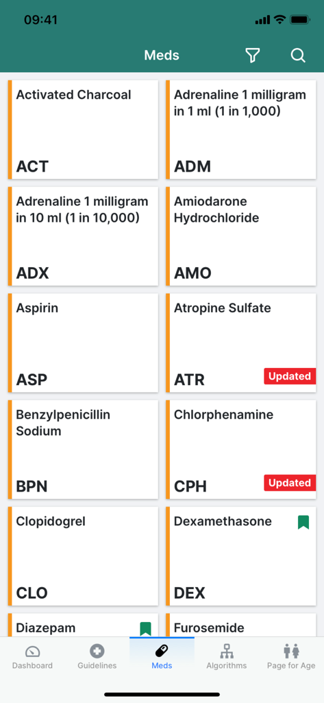 iCPG: the JRCALC Guidelines - 薬名と用量を表示したiCPG JRCALCガイドラインアプリの薬物リストインターフェース
