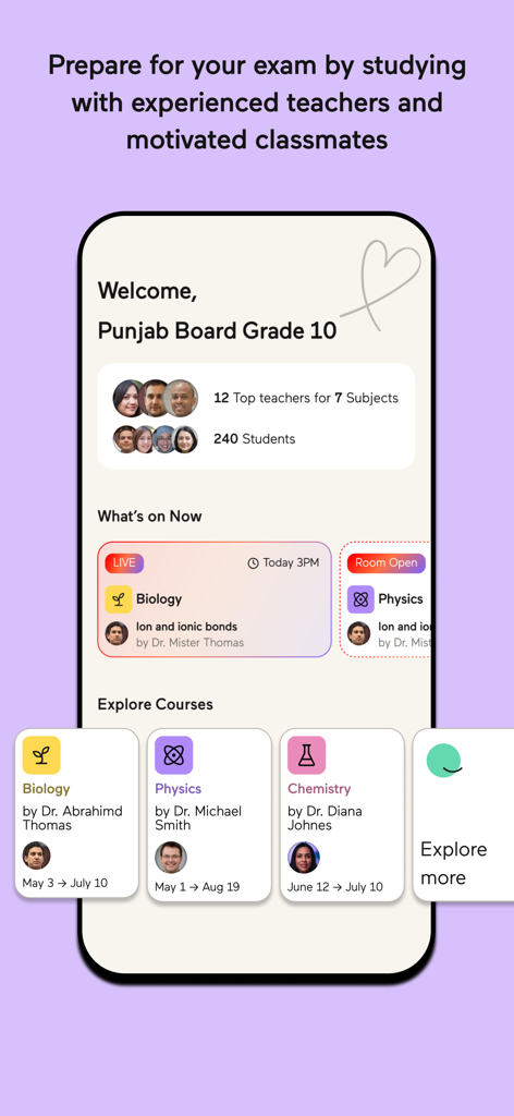 Schermata dell'app Noon Academy che mostra lezioni live e corsi di studio per la preparazione all'esame.