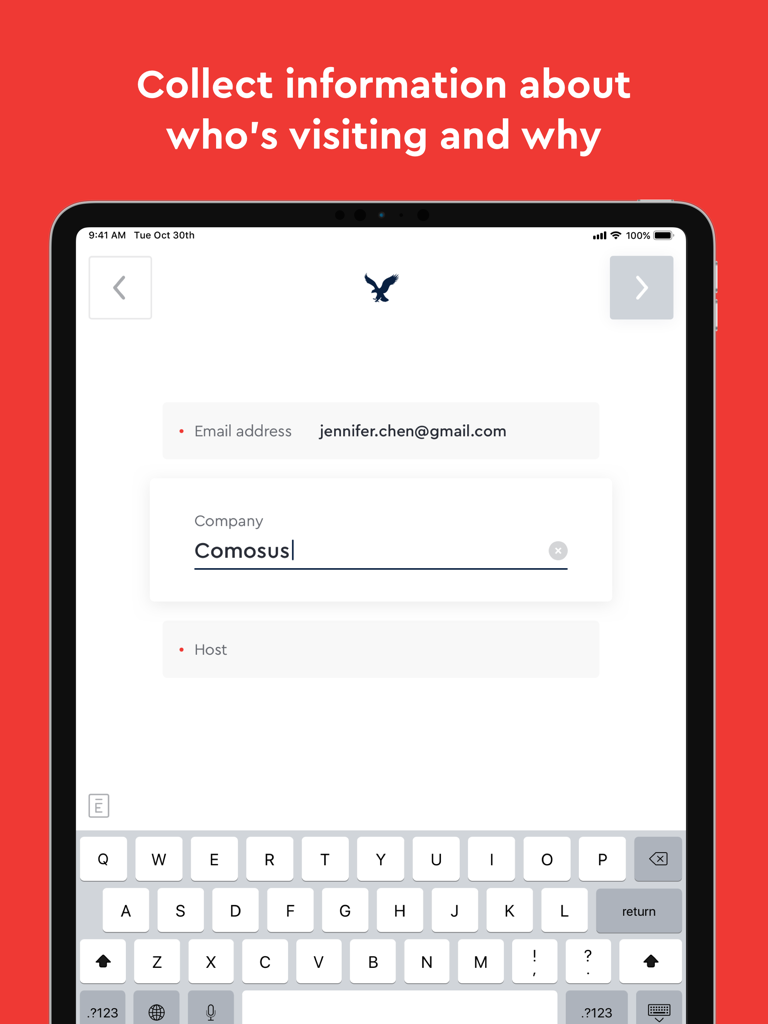 iPad screen showing a visitor registration form with fields for email address and company name