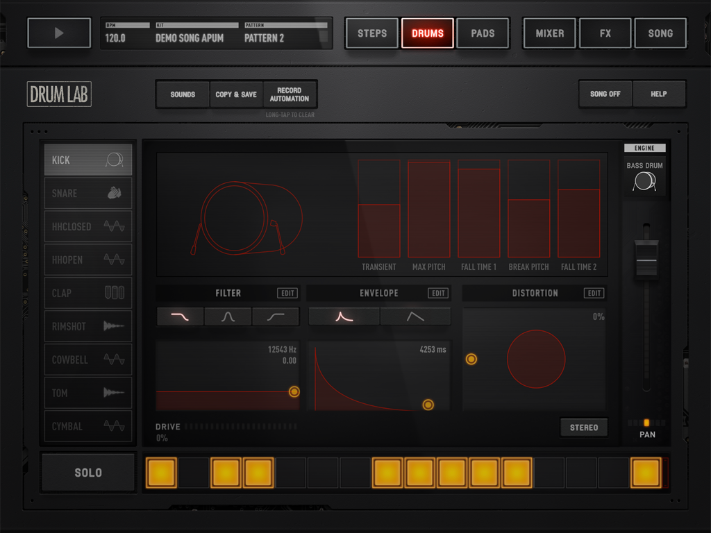 Grafischer Audio-Engine-Editor in DrumLab für das iPad, der Kick-Drum-Syntheseparameter anzeigt.