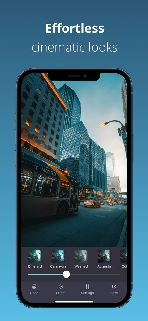 Teo - Teal and Orange Filters - Teo app interface displaying cinematic teal and orange filters for professional photo editing