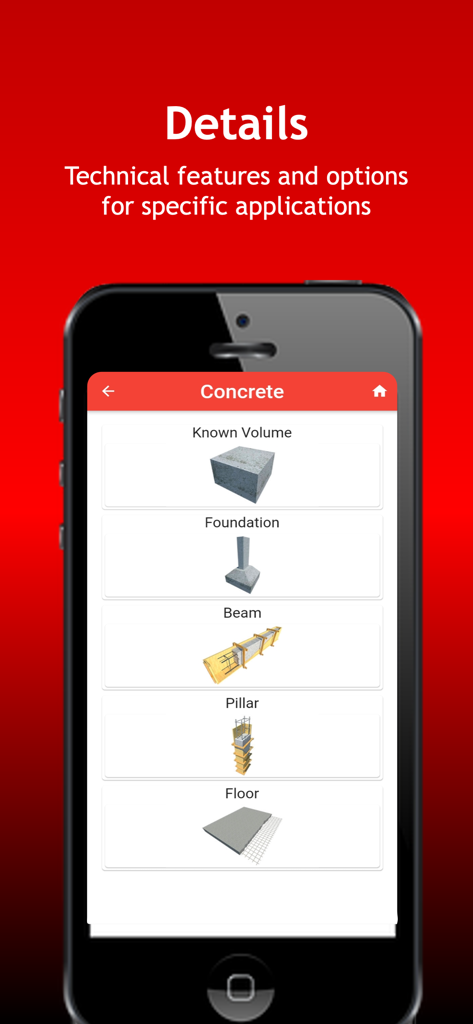 ConstruCalc - Captura de pantalla de la aplicación ConstruCalc que muestra opciones de cálculo de concreto para cimientos, vigas, pilares y pisos