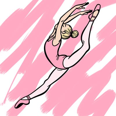 gymnast doing a leap in a leotard with a bent back leg