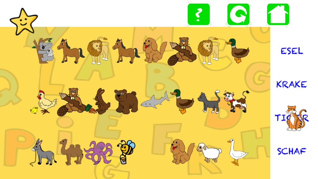 Pantalla educativa de Kinder Quiz que muestra animales de dibujos animados y palabras alemanas como Esel y Schaf