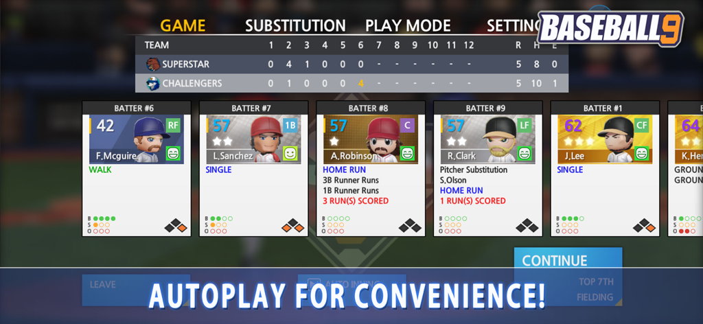 BASEBALL 9 - Baseball 9ゲームインターフェース。選手ラインナップとスコア概要が表示されたオートプレイ機能を示しています。