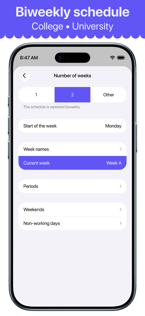 Interface for setting up a biweekly academic schedule for college and university students
