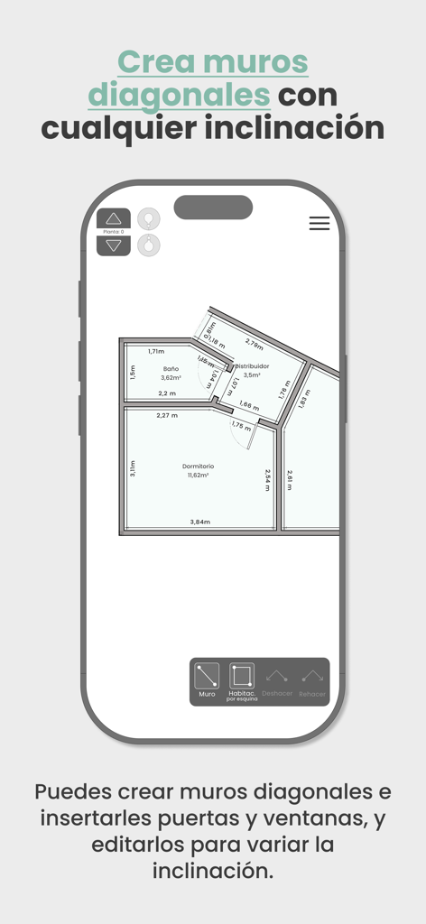 di-mo - Mobile interface of di-mo app showing a floor plan with diagonal walls and measurements