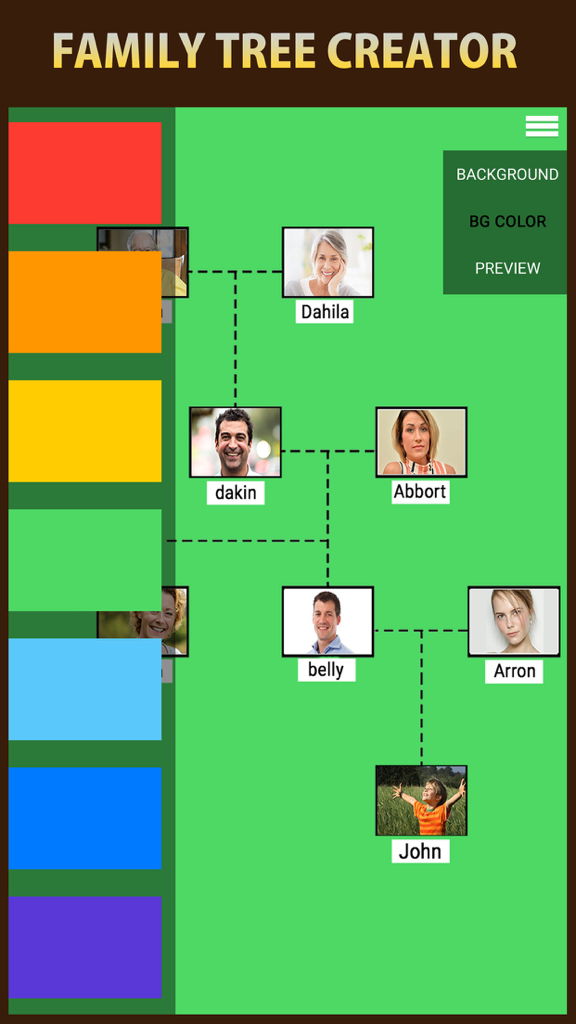 Interface of the Family Tree Creator app showing a simple genealogical photo chart with connection lines