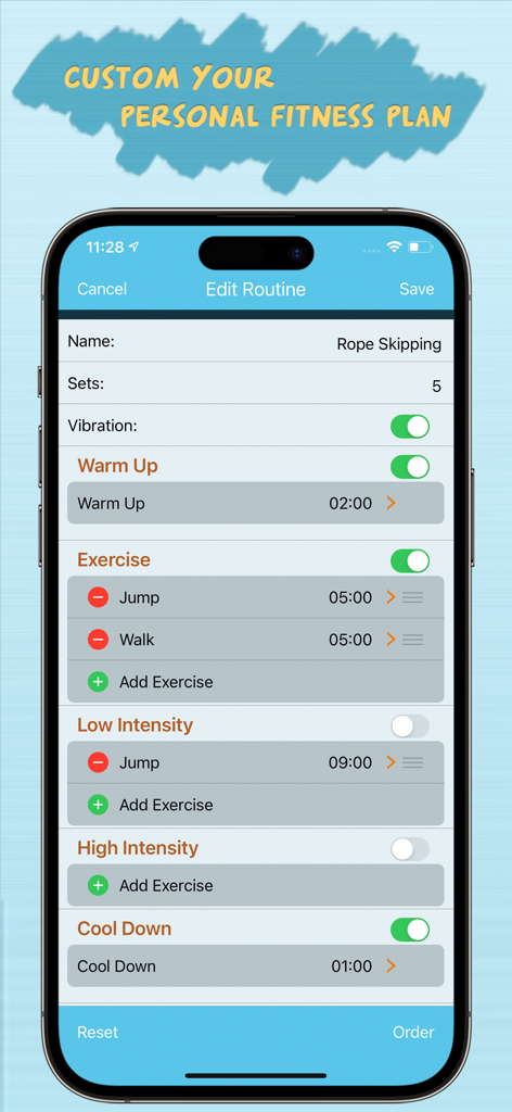 Best Interval Timer Pro - Una captura de pantalla que muestra la interfaz de edición de rutinas en la aplicación Mejor Temporizador de Intervalos Pro, donde los usuarios pueden personalizar un entrenamiento de saltar la cuerda con intervalos específicos.