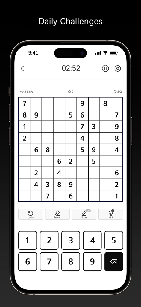 Sudoku Master！ - Gameplay screen of Sudoku Master showing a Master level puzzle grid and minimalist user interface.