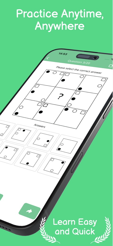 IQ Test: Advanced Matrices Pro - Tela de smartphone exibindo um quebra-cabeça de raciocínio de matriz do aplicativo IQ Test Advanced Matrices Pro