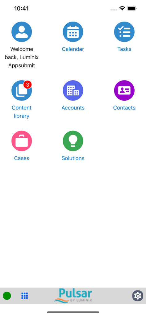 Pulsar for Salesforce - Pantalla de inicio de la aplicación Pulsar for Salesforce que muestra herramientas de gestión empresarial como tareas del calendario y cuentas.