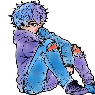a male hoddie ripped jeans messy hair anime