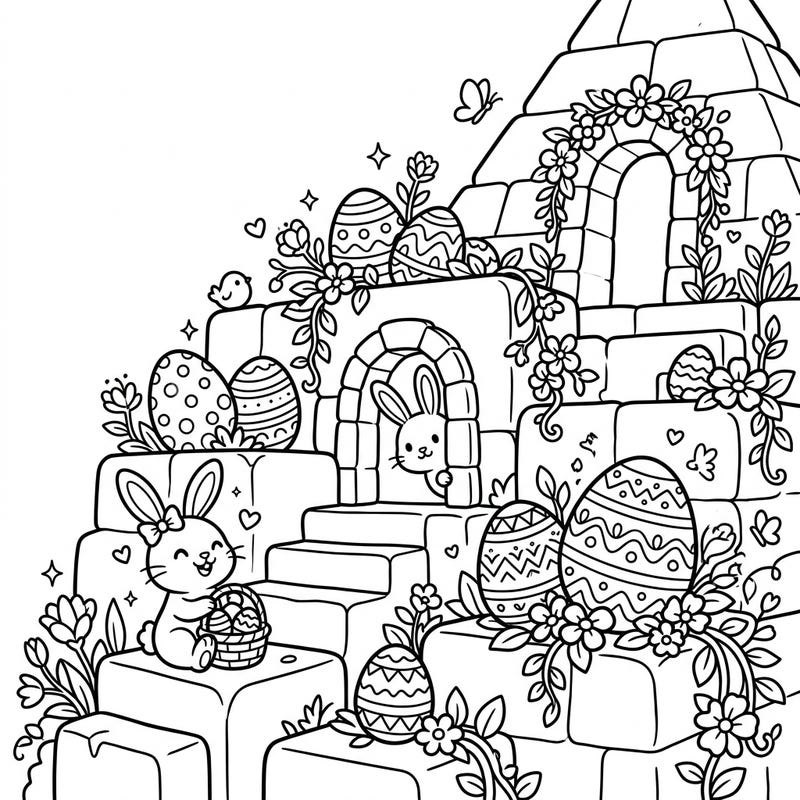 Discover a unique blend of ancient architecture and spring joy with this delightful Easter Pyramid Blocks coloring page. Adorned with charming bunnies, beautifully patterned eggs, and blossoming flowers, it's a perfect canvas for your festive creativity.