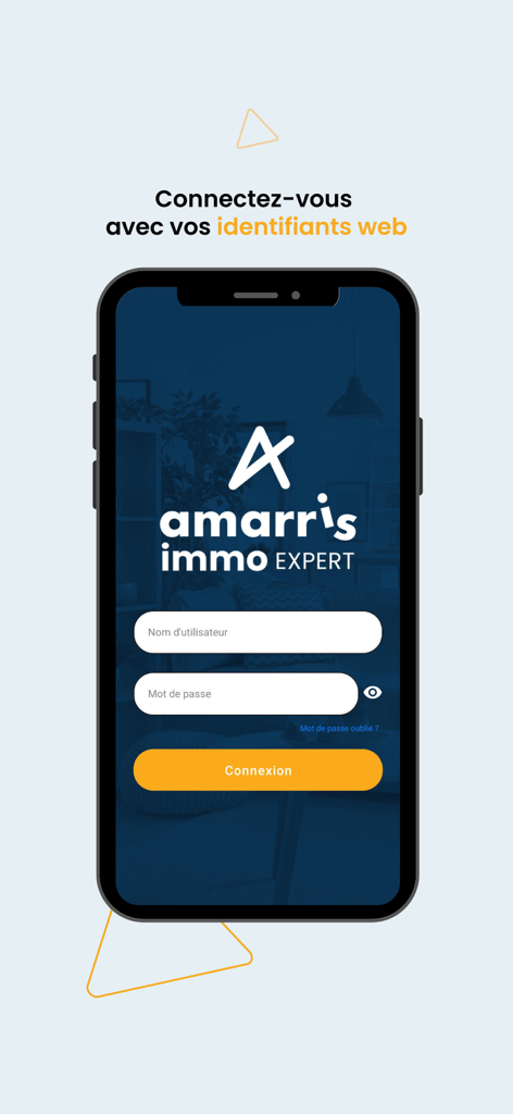 Pantalla de inicio de sesión de la aplicación móvil Amarris Immo Expert que muestra campos de nombre de usuario y contraseña