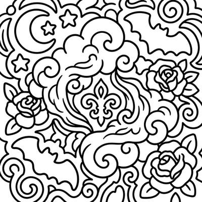 Introduce your little one to a world of enchanting patterns with this Gothic Steam coloring page, specially designed for toddlers. Featuring thick lines and simple shapes of swirling steam, bats, and roses, it's perfect for developing motor skills and sparking creativity.