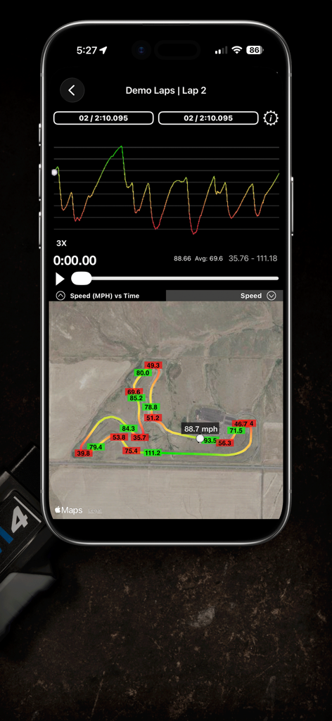 TrackAddict Pro - TrackAddict Pro lap analysis showing speed versus time graph and track telemetry map
