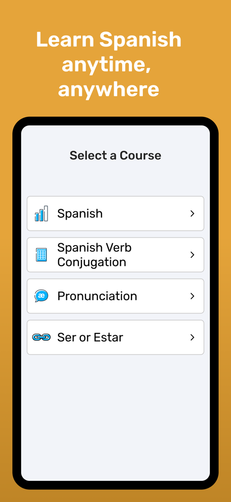 Wlingua mobile app screen showing a menu of Spanish courses including grammar, verb conjugation, and pronunciation.