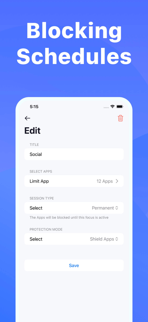 aLock - App Lock - aLock App-Oberfläche, die zeigt, wie ein permanenter Sperrplan für Social-Media-Apps bearbeitet wird